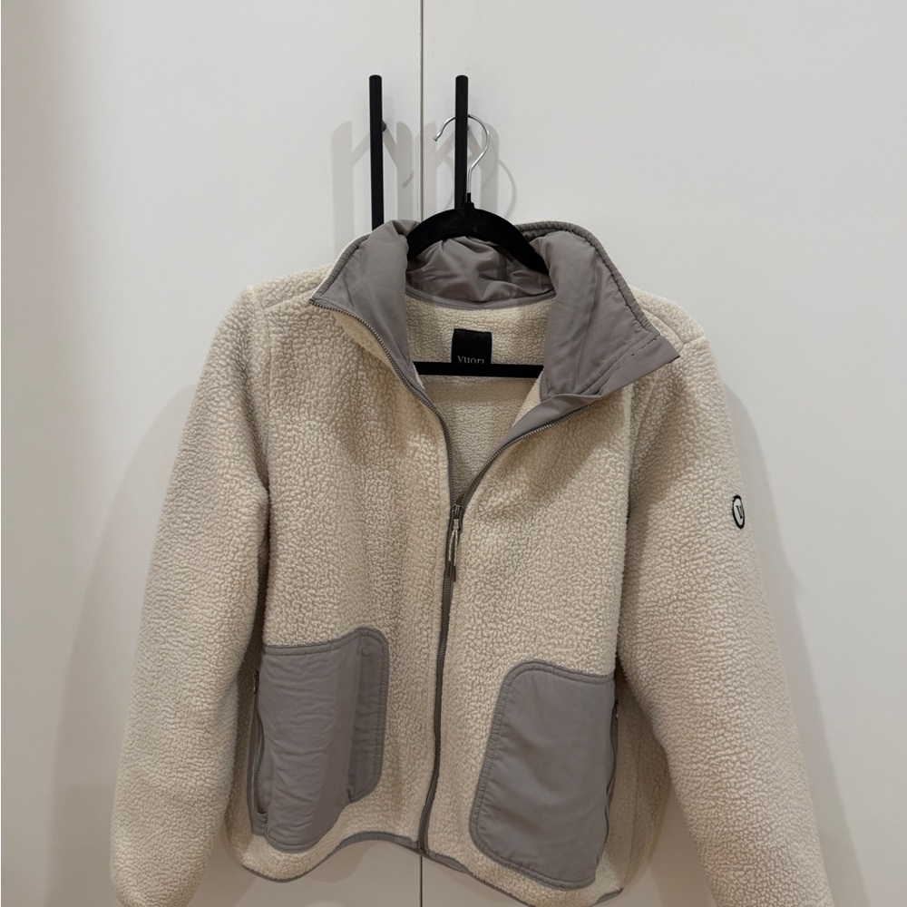 Cream and Gray Zip-Up Fleece Jacket